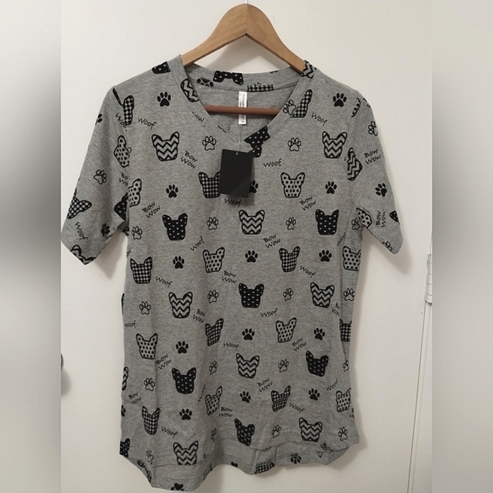 NWT Dog Print V Neck Top